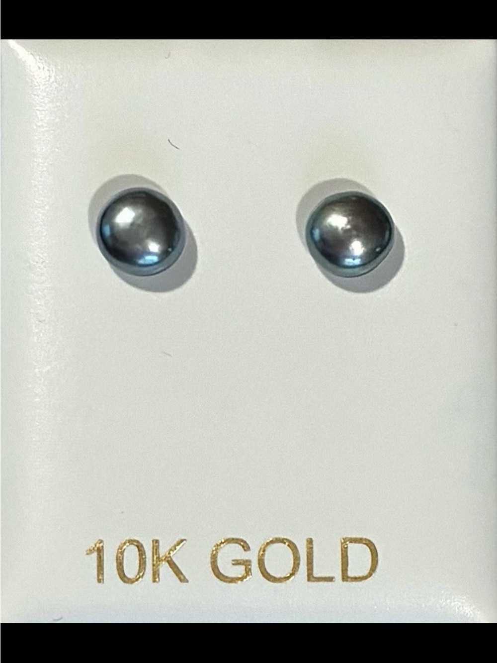 Genuine Black Pearl Button Style Stud Earrings 6.4mm Solid 10kt Yellow Gold New